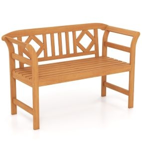 Banco Exterior Madera Acacia 2 Plazas con Respaldo y Reposabrazos Cuadriculados Capacidad 360kg para Porche Patio Césped Piscina
