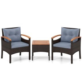 Juego de Bistró de 3 Piezas para Patio de Mimbre y Ratán con Sillas con Brazos Mesa Auxiliar de Madera de Acacia y Cojines Libres de Flúor en Gris