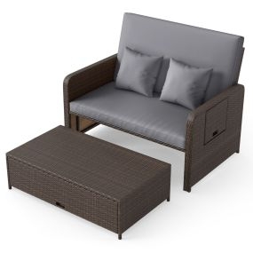 Conjunto de tumbona y sofá de ratán para patio 2 piezas con otomana y respaldo ajustable gris