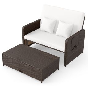 Conjunto de Tumbona y Sofá de Ratán para Patio 2 Piezas con Otomana Almacenamiento Respaldo Ajustable Mesas Plegables Crema