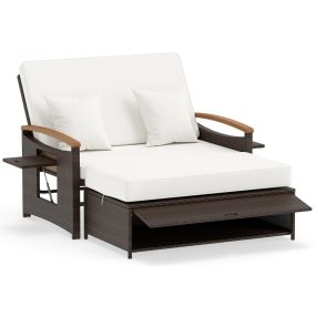 Sofá Cama Ratán Patio 2 Plazas Otomana Almacenamiento Respaldo 4 Niveles Mesas Laterales Plegables Jardín Piscina Blanco