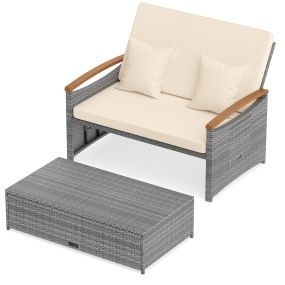 Conjunto sofá cama de ratán beige con otomana, respaldo ajustable y mesas laterales plegables