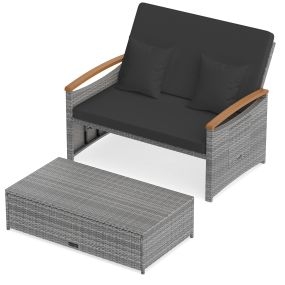 Conjunto sofá cama de ratán con otomana, almacenaje, respaldo ajustable y mesas laterales plegables negro