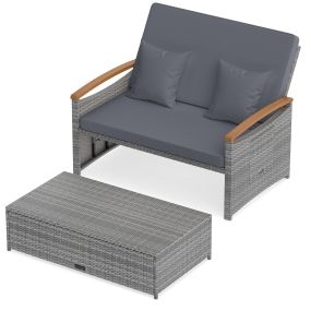 Conjunto sofá cama de ratán con otomana y respaldo ajustable gris para jardín y piscina