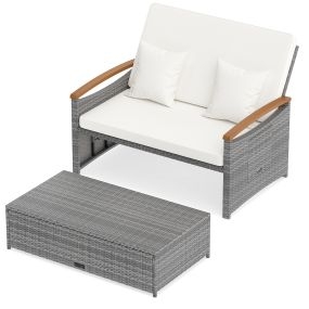 Conjunto sofá cama de ratán con otomana, respaldo ajustable y mesas laterales plegables blanco
