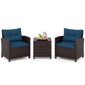 Conjunto de Bistró Exterior de 3 Piezas con Sillas de Ratán y Mesa de Cristal Templado y Cojines para Balcón Porche Jardín Azul