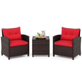 Conjunto de Bistró Exterior de 3 Piezas con Sillas de Ratán y Mesa de Cristal Templado y Cojines para Balcón Porche Jardín Rojo