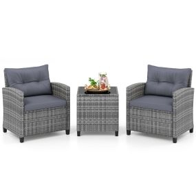 Conjunto Bistró Exterior 3 Piezas Ratán con Cojines Suaves Mesa Cristal Templado para Balcón Porche Jardín Gris
