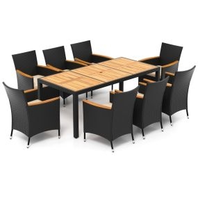 Juego de Patio de 9 Piezas para 8 Personas Conjunto de Conversación de Ratán con Agujero para Sombrilla Cojines Superficie de Madera de Acacia