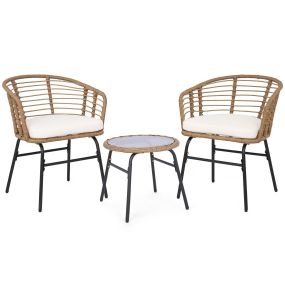 Conjunto de ratán PE para exterior con cojines suaves y tablero de vidrio templado beige