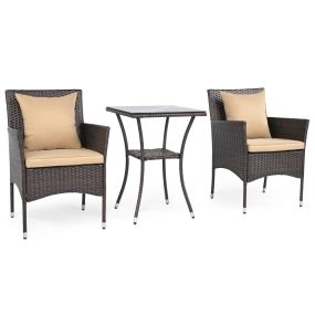 Conjunto Bistro para Patio de 3 Piezas Sillas Ratán Mimbre Marrón Mixto con Mesa Doble Capa Cristal Templado Cojines Caqui