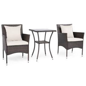 Conjunto Bistro para Patio de 3 Piezas Sillas Ratán Mimbre Marrón Mixto con Mesa Doble Capa Cristal Templado Cojines Blanco