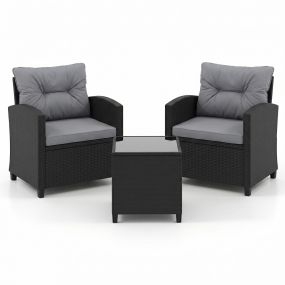 Conjunto Jardín Ratán 3 Piezas con Mesa Cristal Templado 2 Sillas Cojines Estructura Metal Conversación para Patio Terraza Gris