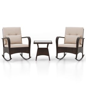 Conjunto de muebles de jardín de ratán PE con mesa de vidrio templado y 2 sillas mecedoras con cojines marrón