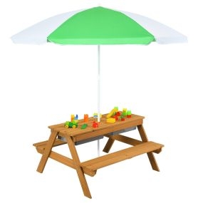 Mesa de Picnic para Niños 3 en 1 con Sombrilla Desmontable y Ajustable Altura de 117-187 cm Mesa de Madera para Jardín Patio Verde