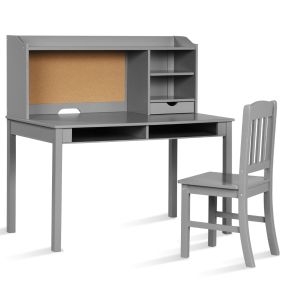 Conjunto de Escritorio y Silla para Niños Muebles de Estudio con Patas de Madera Pino Cajones Estantes para Dormitorio Estudio Salón Gris