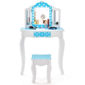 Juego de mesa y taburete para niños con estampado de lunares, espejo y cajón azul y blanco