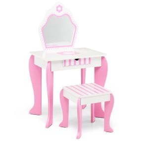 Juego de tocador y taburete infantil con espejo desmontable, cajón, blanco y rosa