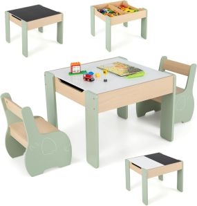 Juego de Mesa y Sillas Infantil 3 Piezas con Almacenamiento y Pizarra Removible para Habitación de Juegos y Guardería Verde