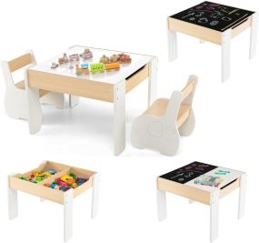 Juego de Mesa y Sillas Infantil 3 Piezas con Almacenamiento y Pizarra Removible para Habitación de Juegos y Guardería Blanco