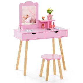 Tocador y Taburete de Madera para Niños con Espejo Rectangular y 2 Cajones Grandes 70 x 34 x 100 cm Rosa Oscuro