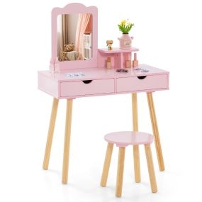 Tocador y taburete de madera para niños con espejo rectangular y 2 cajones grandes rosa 70 x 34 x 100 cm
