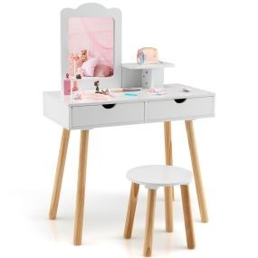 Tocador y taburete de madera para niños con espejo rectangular y 2 cajones grandes blanco 70 x 34 x 100 cm
