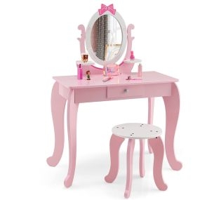 Set de maquillaje 2 en 1 para niños con taburete, espejo extraíble, cajón y mesa de tocador rosa