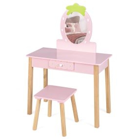 Set tocador 2 en 1 para niños con taburete, espejo extraíble, forma de fresa, cajón, rosa