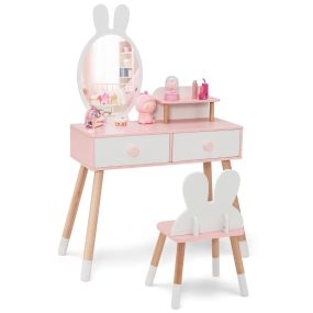 Mesa y silla de tocador 2 en 1 para niños con espejo, 2 cajones, estante y patas de madera maciza, blanco