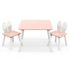 Juego de Mesa y Sillas Infantil Mesa Cuadrada 2 Sillas de Conejo Patas de Madera Salva Espacio Set de Muebles Multifunción para Niños Rosa