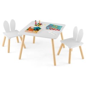 Juego de Mesa y Sillas Infantil Mesa Cuadrada 2 Sillas de Conejo Patas de Madera Salva Espacio Set de Muebles Multifunción para Niños Blanco