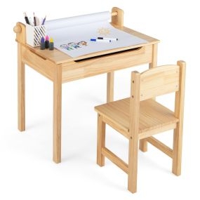 Juego de Mesa de Arte para Niños con Tapa Elevable Patas de Madera Sólida Rollo Papel y Marcadores con Silla para 3+ Años Natural