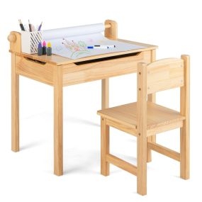 Juego de Mesa de Actividades Múltiples y Silla para Niños con Soporte para Almacenamiento Autónomo Rollo de Papel y Marcadores Natural