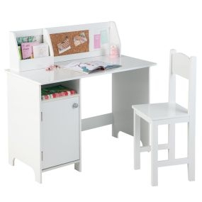 Set de Mesa y Silla Infantil de Madera Mesa de Estudio con Silla Estantería Armario Escritorio para Niños 3+ Años 90 x 45 x 86 cm Blanco