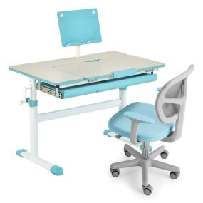 2 en 1 Set de Escritorio y Silla para Niños Escritorio Ajustable en Altura y Ángulo con Silla Ergonómica Giratoria para Estudio Azul