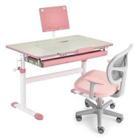 2 en 1 Set de Escritorio y Silla para Niños Escritorio Ajustable en Altura y Ángulo con Silla Ergonómica Giratoria para Estudio Rosa