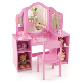 Mesa de tocador y silla para niños con espejo tri-plegable removible y 4 compartimentos rosa