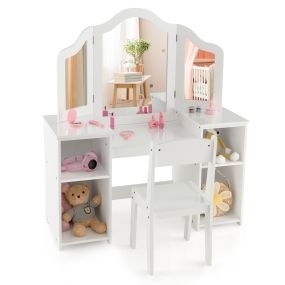Mesa de tocador y silla para niños con espejo tri-plegable removible y 4 compartimentos de almacenamiento blanco