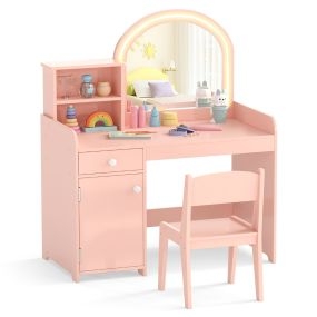 Set de Mesa de Tocador y Silla para Niños de 3+ Años con Estantes Cajón Armario Luces LED de 2 Colores Espejo de Acrílico Peine Naranja