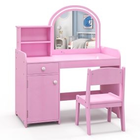 Juego de Tocador y Silla para Niños con Estante, Cajón y Puerta Luces LED de 2 Colores Espejo Acrílico y Peine Rosa