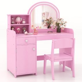 Set de tocador y silla para niños 3+ años con estantes, cajón, armario, luces LED y espejo acrílico rosa