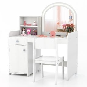 Set de tocador y silla para niños 3+ años con estantes, cajón, armario, luces LED y espejo acrílico blanco