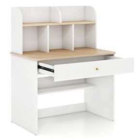 Escritorio de Estudio de Madera para Niños Mesa de Escritura con Estantes y Cajón Estación de Trabajo con Cubos de Almacenamiento Blanco y Natural