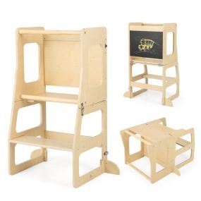 Torre de Pie de Cocina Plegable 3 en 1 para Niños con Pizarra Mesa Taburete Barra de Seguridad para Baño Encimera de Comedor Natural