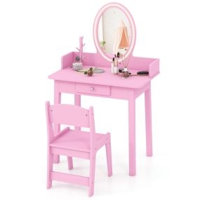 Juego de tocador de maquillaje para niñas con taburete, espejo LED, organizador y cajón rosa