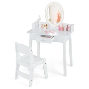 Juego de tocador de maquillaje para niñas con taburete, espejo LED, organizador y cajón blanco
