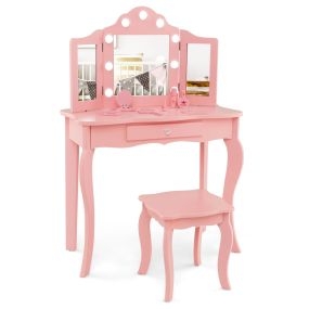 Juego de tocador y taburete para niñas 2 en 1 con espejo triple plegable de vidrio real y cajón rosa