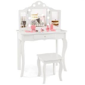 Juego de tocador y taburete para niñas 2 en 1 con espejo triple plegable de vidrio real y cajón blanco