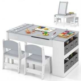 Juego de Mesa Elevable y 2 Silla de Arte para Niños Escritorio de Juego 2 en 1 con Rollo de Papel Vasos de Pintura 6 Contenedores Gris